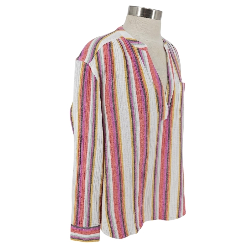 GAP Popover Shirt Multicolor Stripe Gauze Long Sleeve VNeck Relaxed Beach Top XL - Picture 3 of 8